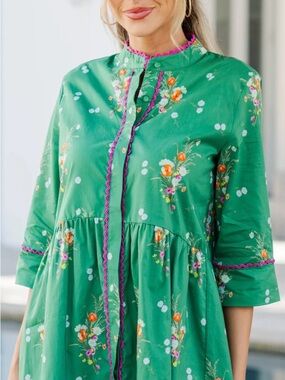Green Floral Midi Dress with Pink Trim